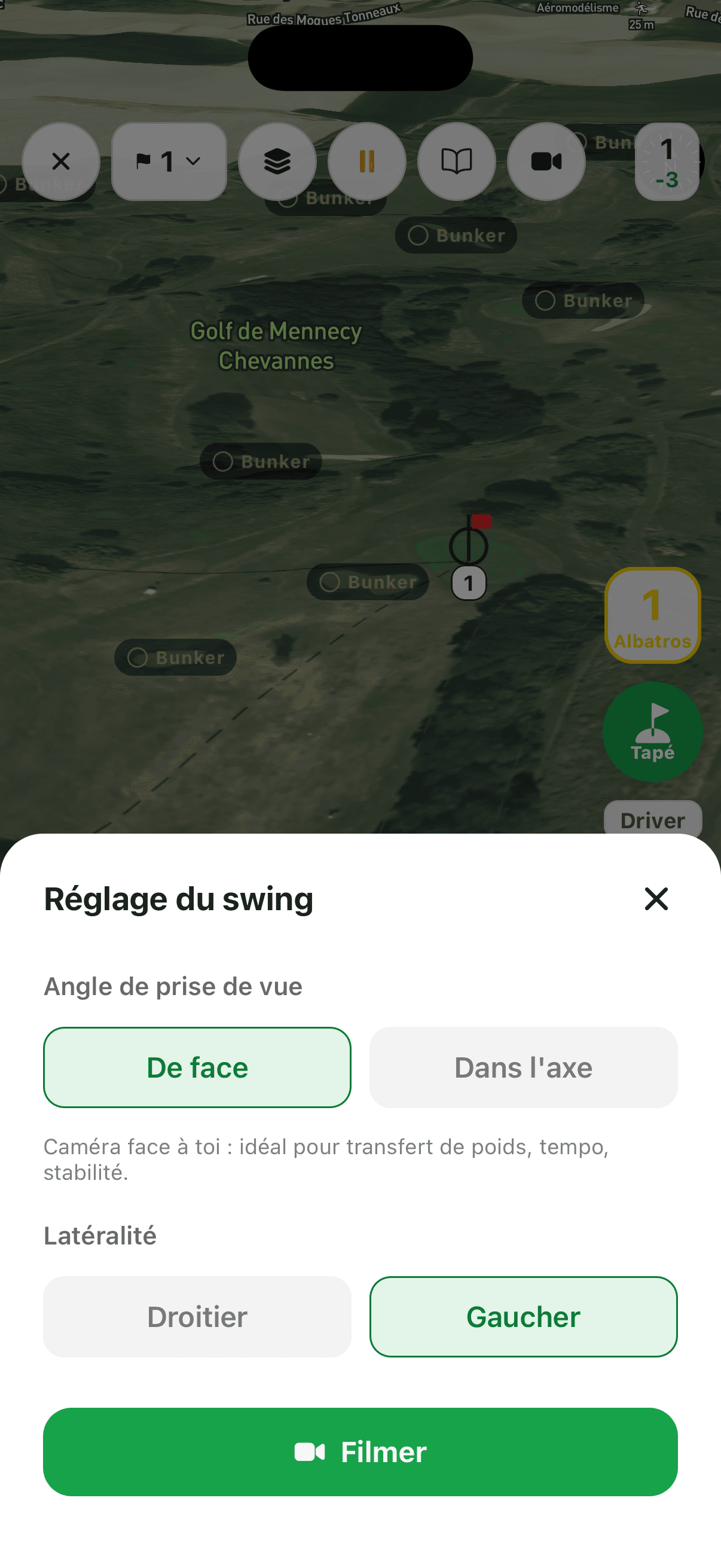 Ecran d'analyse de swing par IA de SwingTee